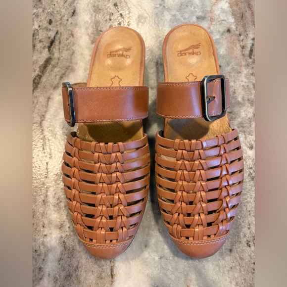Dansko Leilani Sandals Womens 40 Tan Leather Woven Straps Mule Slide Shoes - Picture 2 of 9